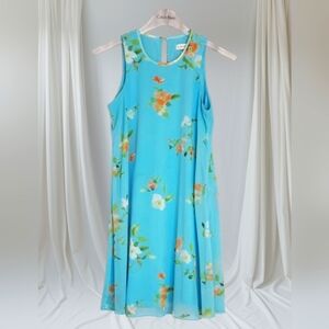 Calvin Klein Blue Floral Sleeveless Sundress with Crew Neck,Women's Dress Size:8